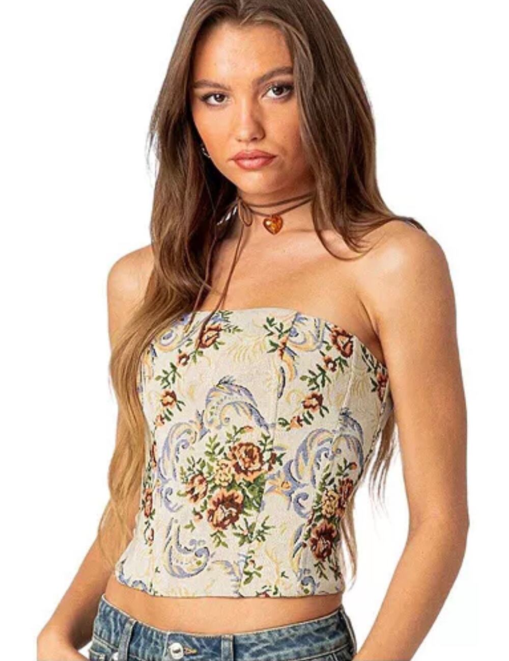 Edikted Floral Tapestry Strapless Lace-Up Tube Corset Top Size XS